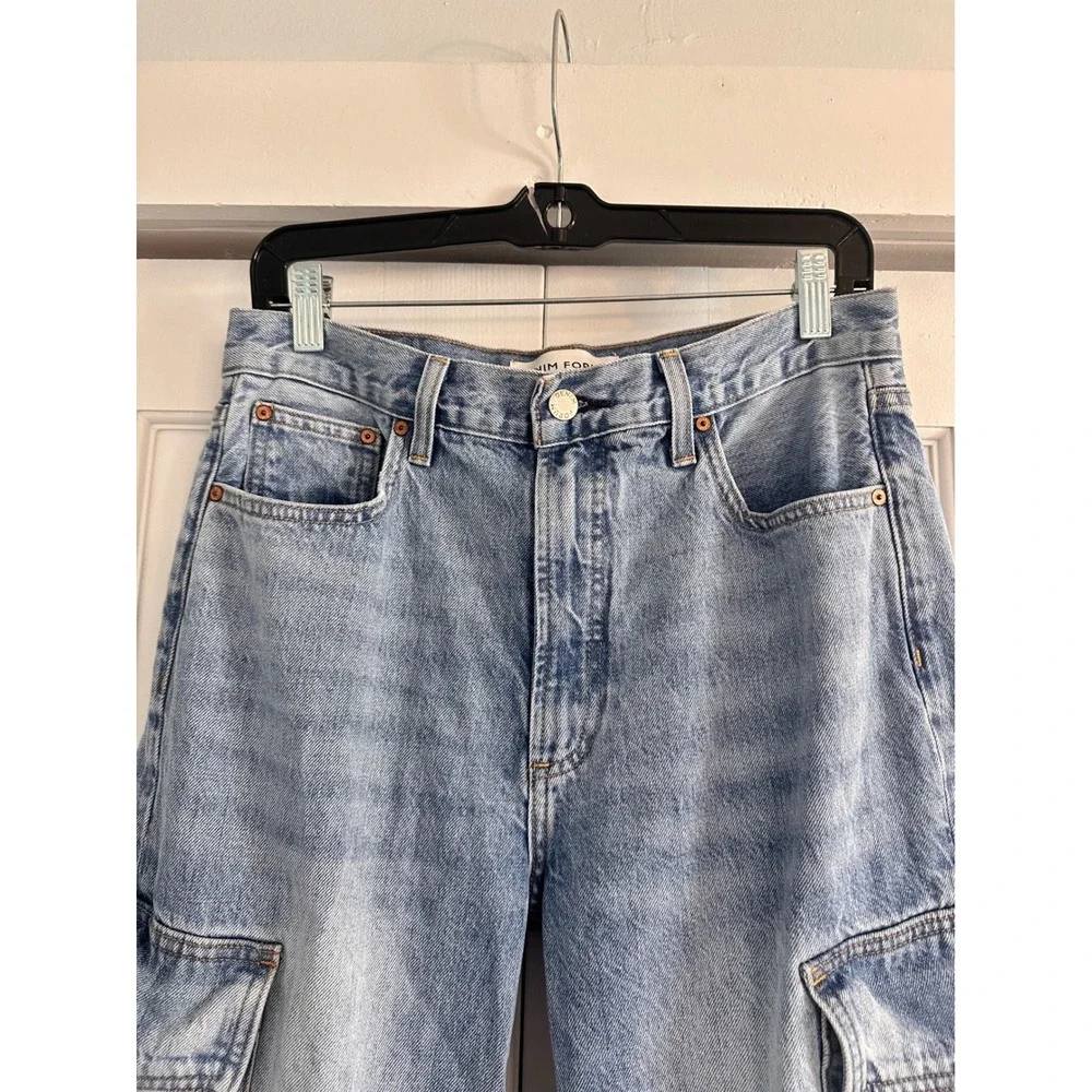 Denim Forum The Farrah Hi-Rise Wide Leg Cargo Jeans Light Wash Blue Size 28